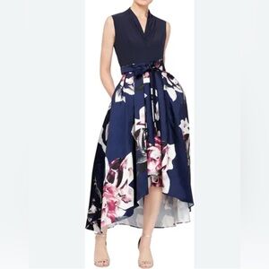 SLNY‎ Pleated High-Low Navy and Pink Satin Floral Sleeveless Dress Women's 12P